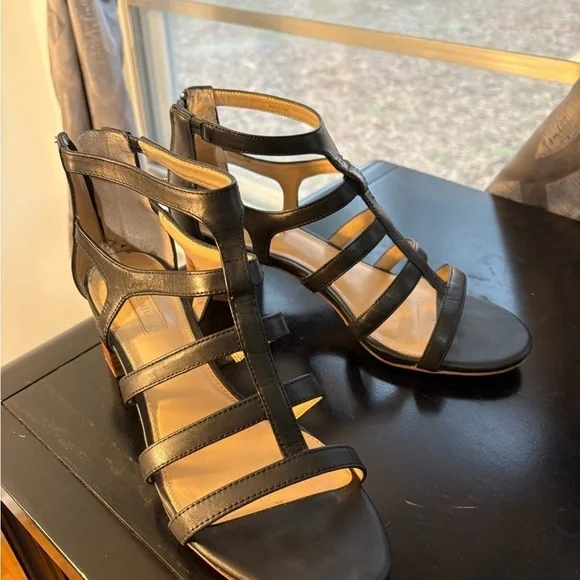 Antonio Melani Black Leather Cage Block Heel Sandals Women’s 7.5 - Picture 2 of 11